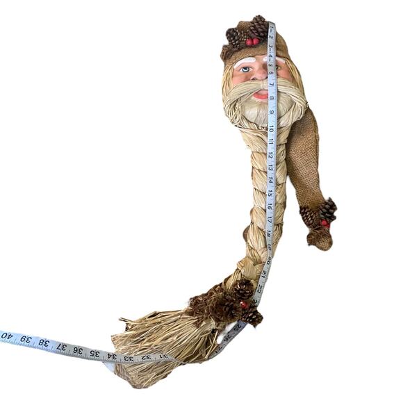 Vintage Wall Hanging Santa with Raffia and Burlap Braided Beard Holiday Decor - Picture 11 of 12